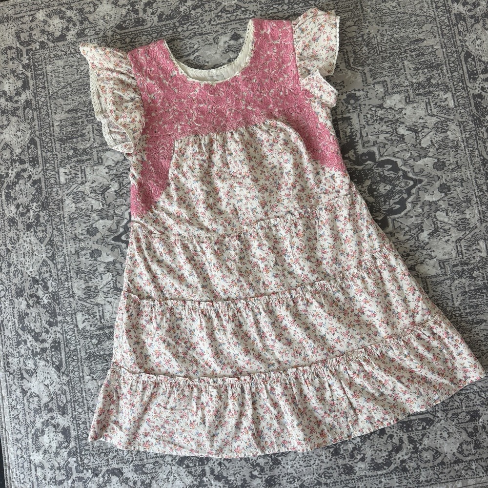 J Marie Rosalee Embroidered Midi Dress Pink Floral Ruffles Tiered Cottagecore M